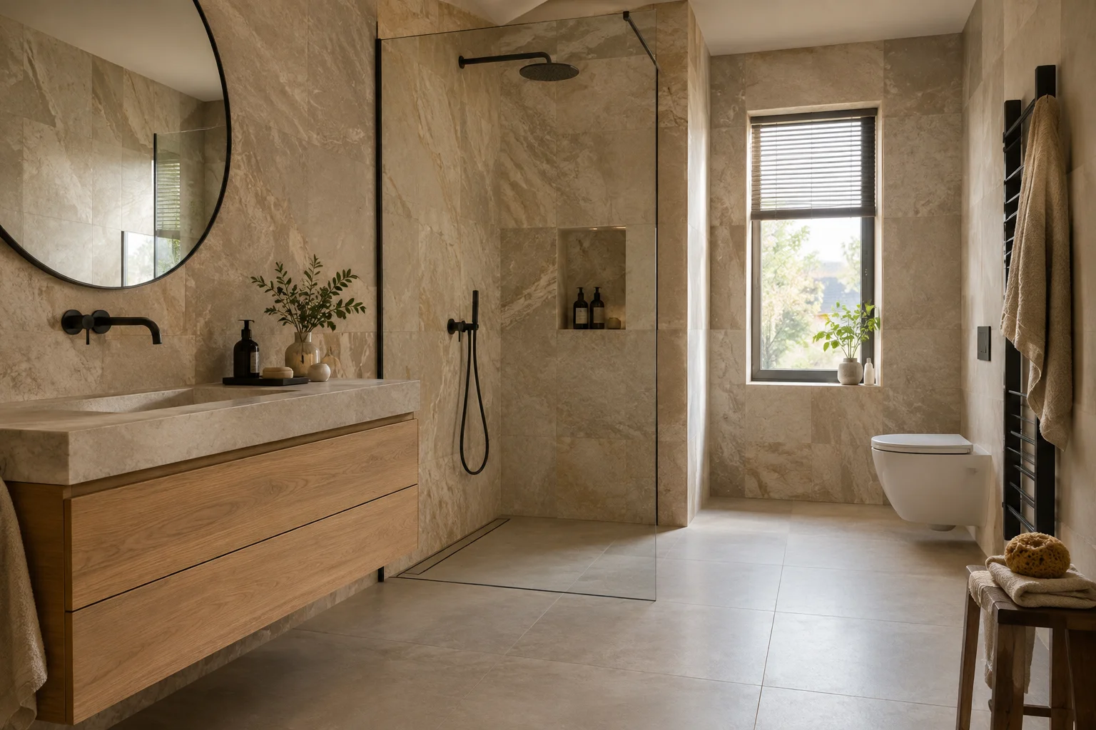 Inspiratiebeeld van een badkamer met grote wandpanelen in warme travertinlook, een inloopdouche met nis, een zwevend eiken badmeubel en grote matte vloertegels
