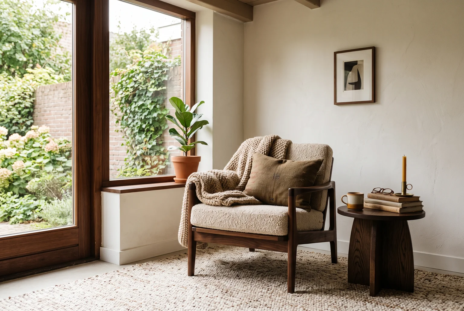 Eethoek met een donkere walnootkleurige tafel, lichte gestoffeerde stoelen en een sculpturale hanglamp, styling en materiaalcombinatie
