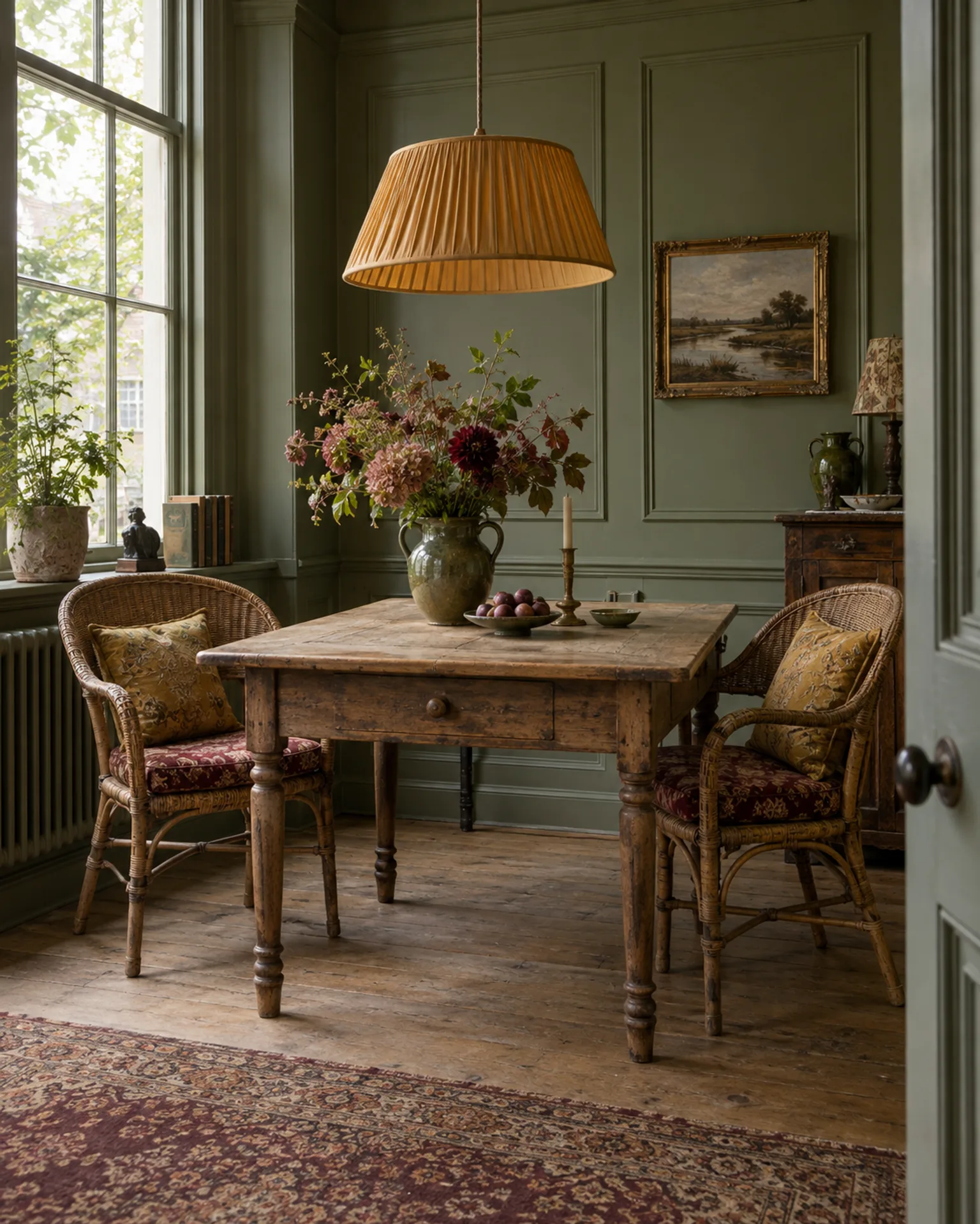 Vintage eethoek met groene wandpanelen, een houten tafel en rieten stoelen met oker en bordeaux kussens