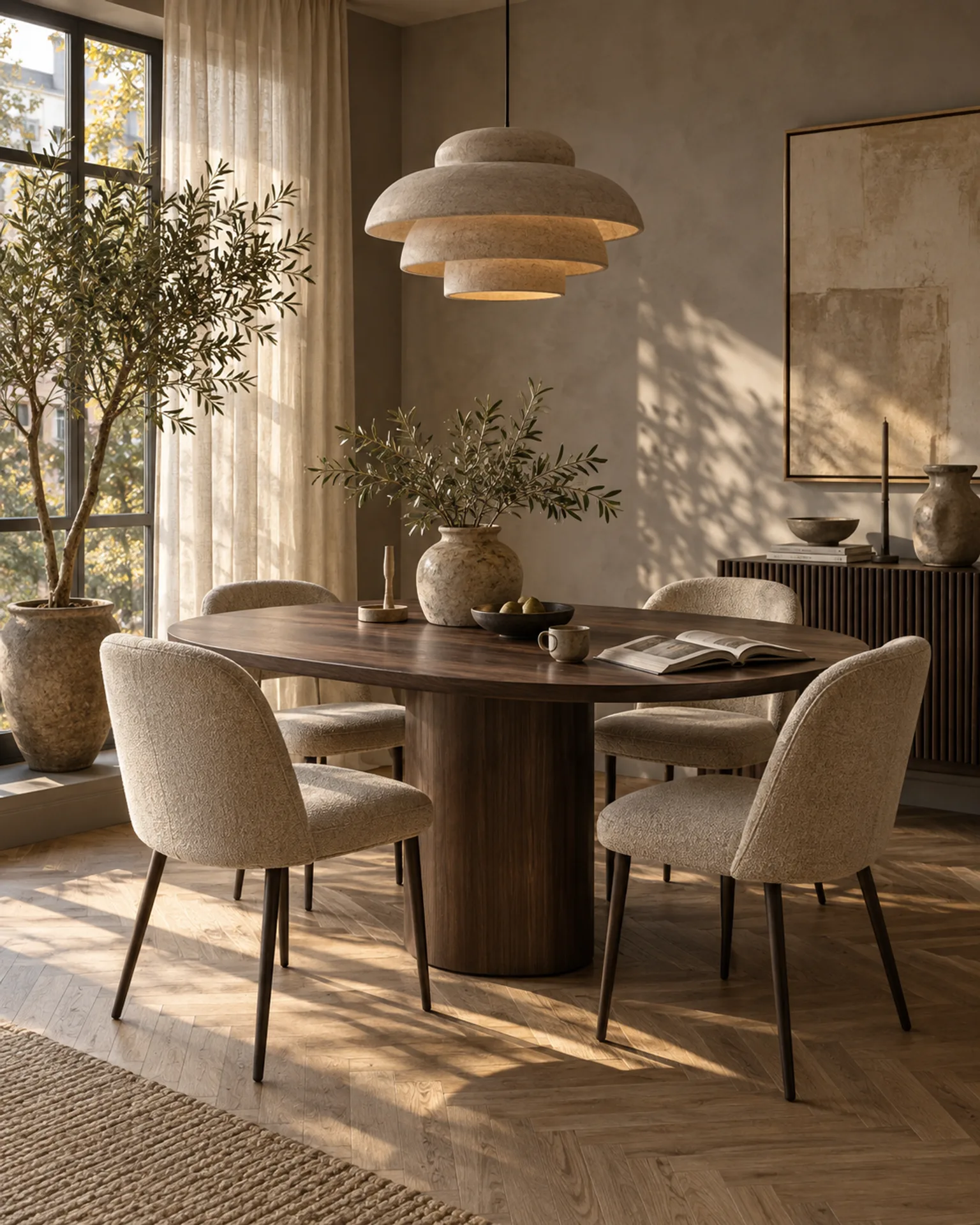 Eethoek met een donkere walnootkleurige tafel, lichte gestoffeerde stoelen en een sculpturale hanglamp