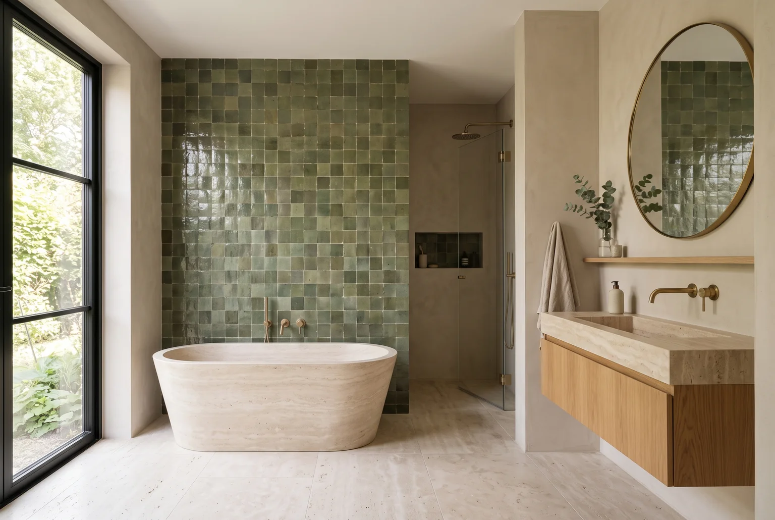 Inspiratiebeeld van een high-end badkamer met glanzende groene zelliges, natuursteen en warme luxe details, detail van materialen en textuur
