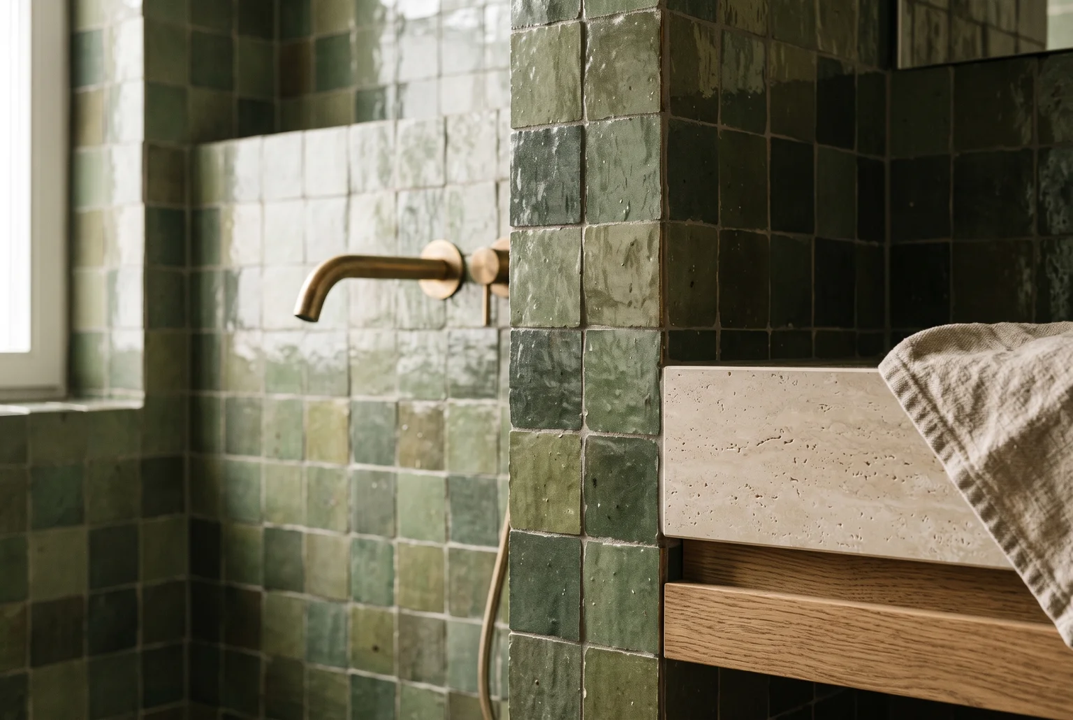 Inspiratiebeeld van een high-end badkamer met glanzende groene zelliges, natuursteen en warme luxe details