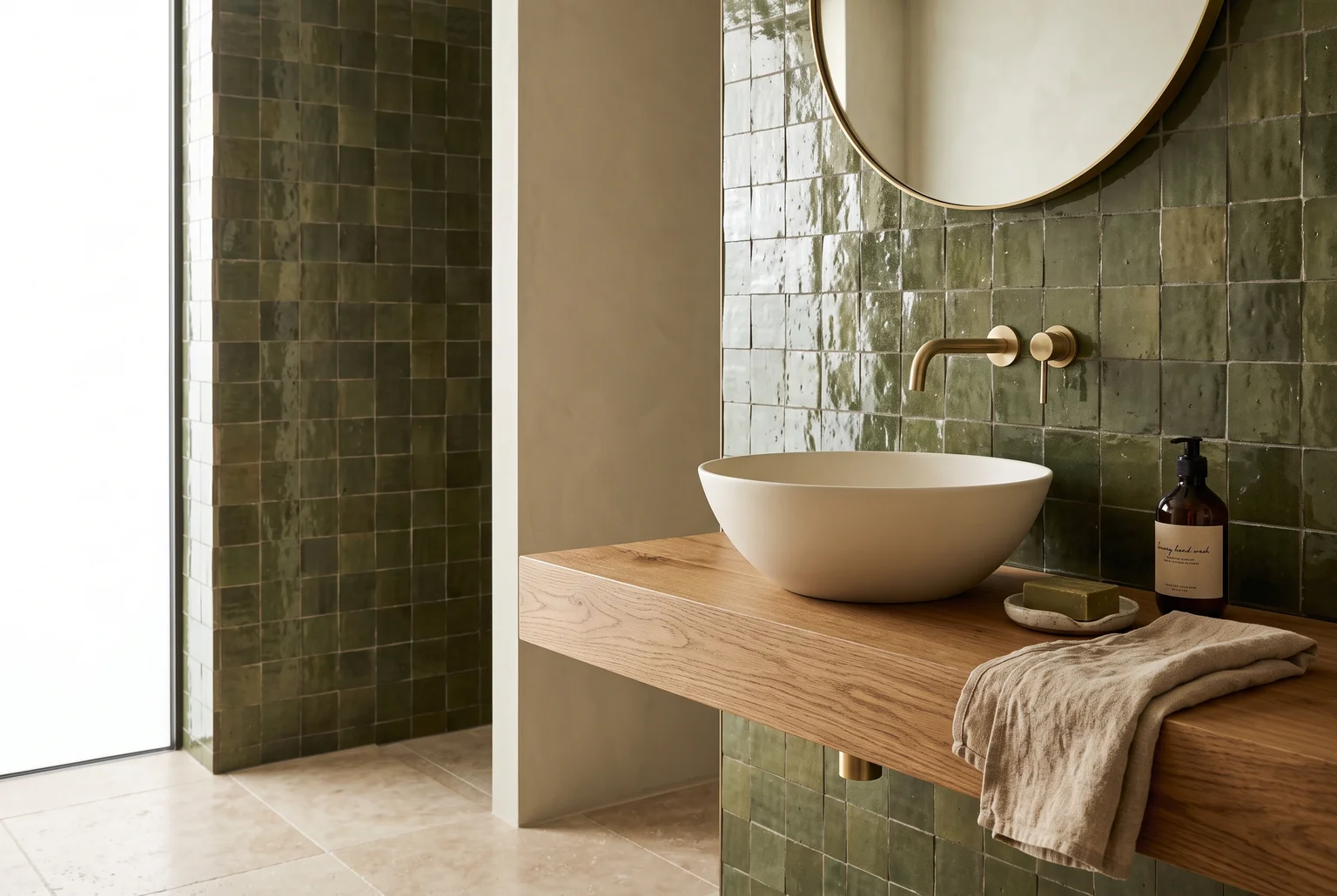 Inspiratiebeeld van een high-end badkamer met glanzende groene zelliges, natuursteen en warme luxe details, styling en materiaalcombinatie