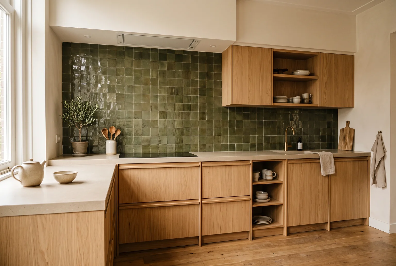Keuken met een glanzende mosgroene zellige achterwand, licht eiken kastfronten en een warme witte muur