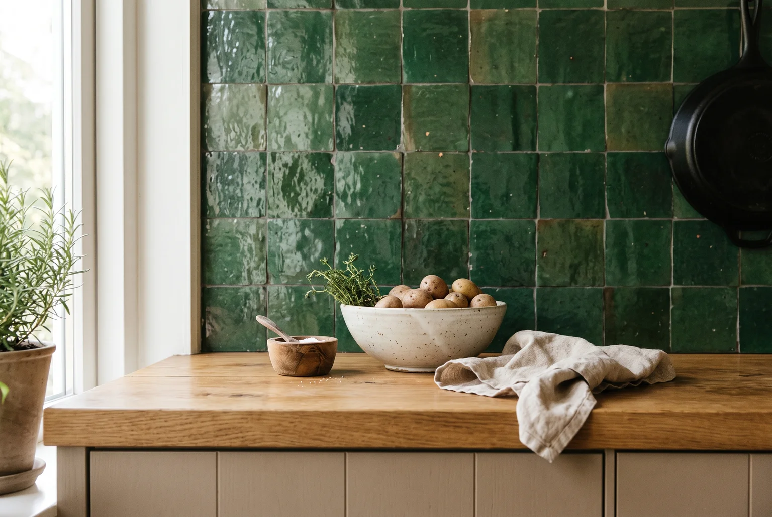 Keuken met eiken fronten, een glanzende lichte tegelachterwand, groene bovenkast en houten eettafel, detail van materialen en textuur