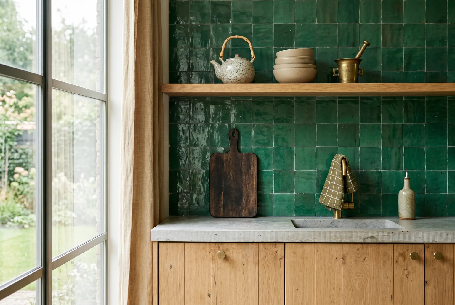Keuken met eiken fronten, een glanzende lichte tegelachterwand, groene bovenkast en houten eettafel, styling en materiaalcombinatie