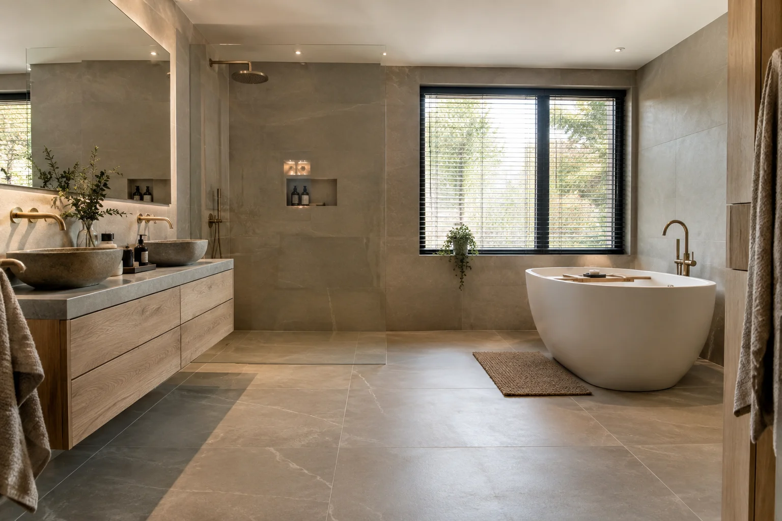 Inspiratiebeeld van een luxe badkamer met grote vloer- en wandtegels in natuursteenlook, een vrijstaand bad en een inloopdouche