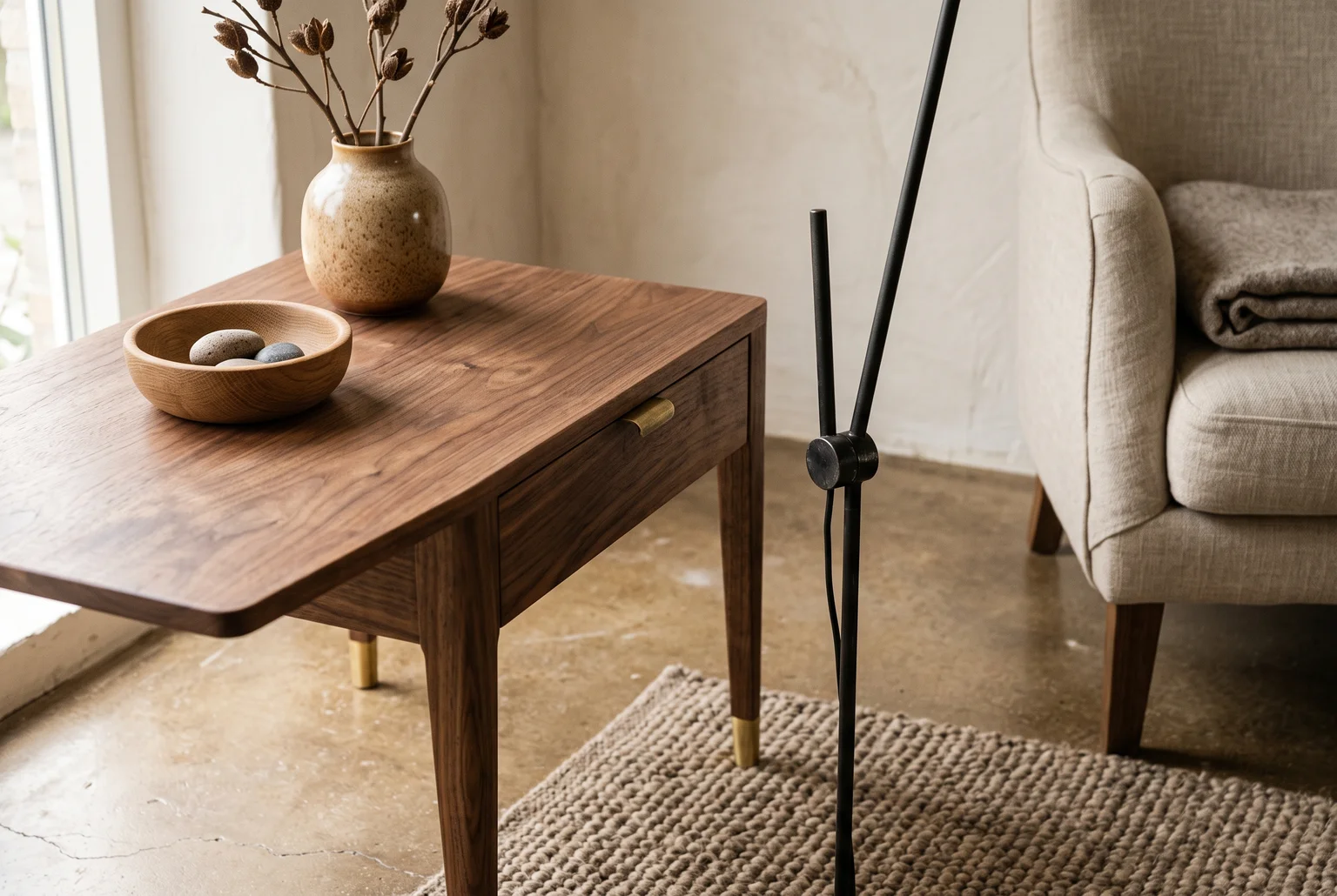 Warme woonkamer met houten meubels, messing details en zwarte metalen accenten, detail van materialen en textuur