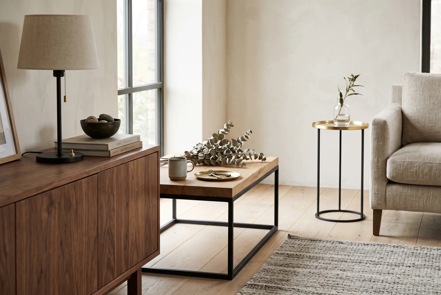 Warme woonkamer met houten meubels, messing details en zwarte metalen accenten, styling en materiaalcombinatie