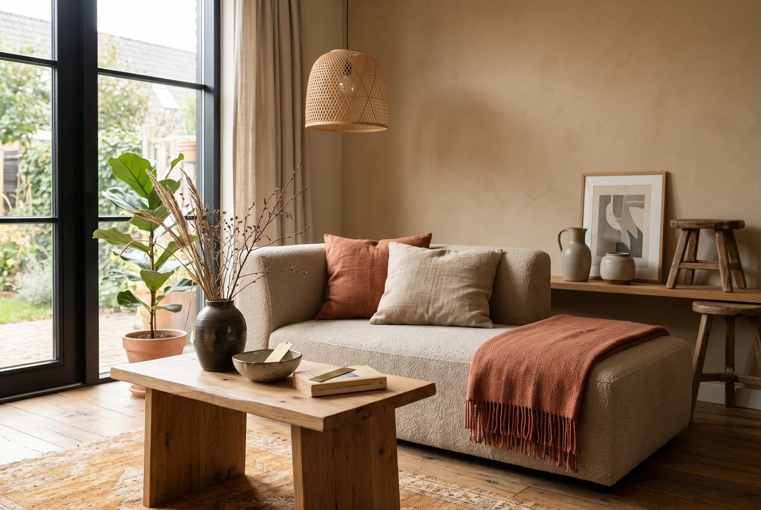 Materialencompositie met travertin, keramiek, hout, linnen en terracotta en bordeaux kleurstalen, styling en materiaalcombinatie