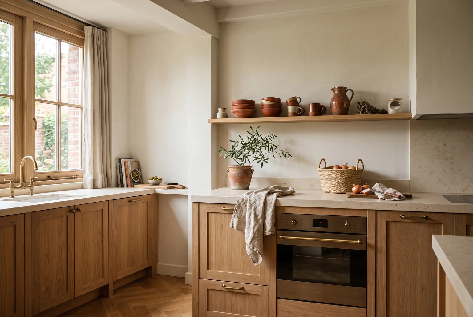 Keuken met eiken fronten en een open plank met terracotta keramiek en linnen