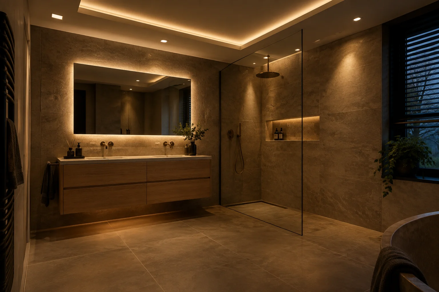 Donkere badkamer met spots die strijklicht over een wand van natuursteenlook tegels werpen, een lichtkoof in het plafond en een verlichte nis in de douche