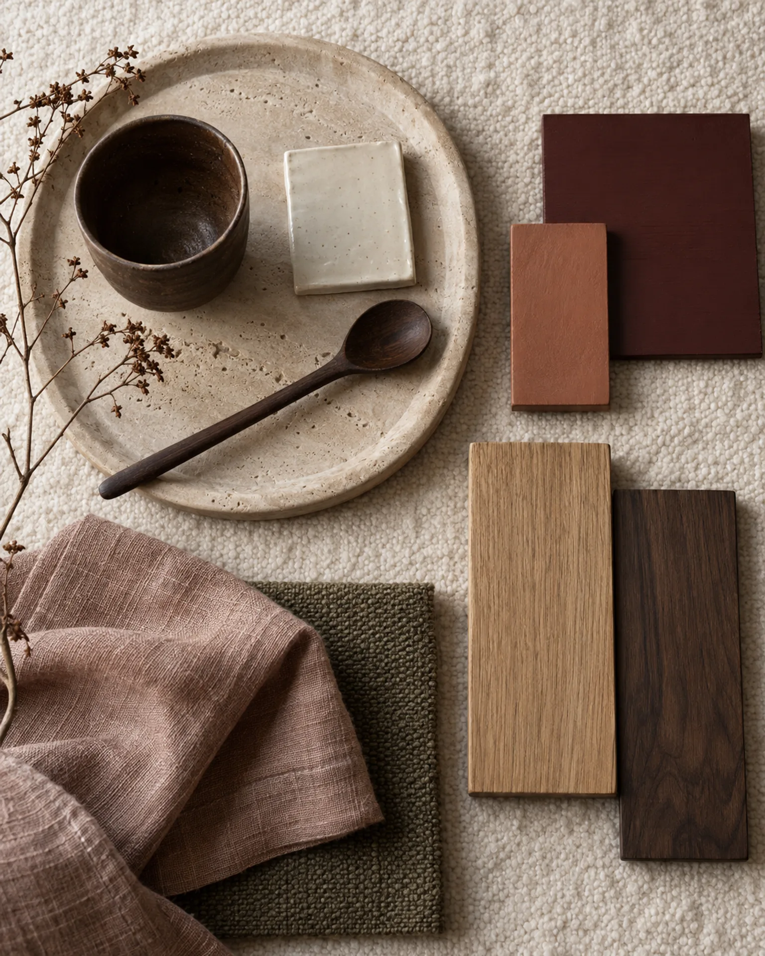 Materialencompositie met travertin, keramiek, hout, linnen en terracotta en bordeaux kleurstalen