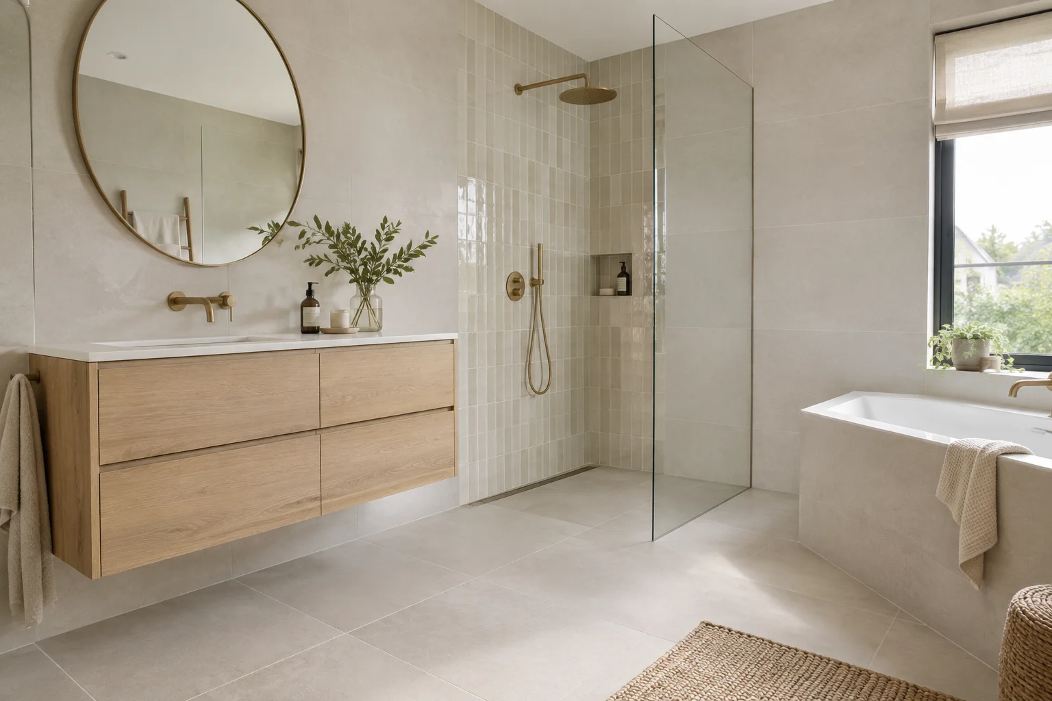 Inspiratiebeeld van een lichte badkamer met grote crèmekleurige tegels, een douchewand met staande glanzende tegels, een eiken badmeubel en een vrijstaand bad