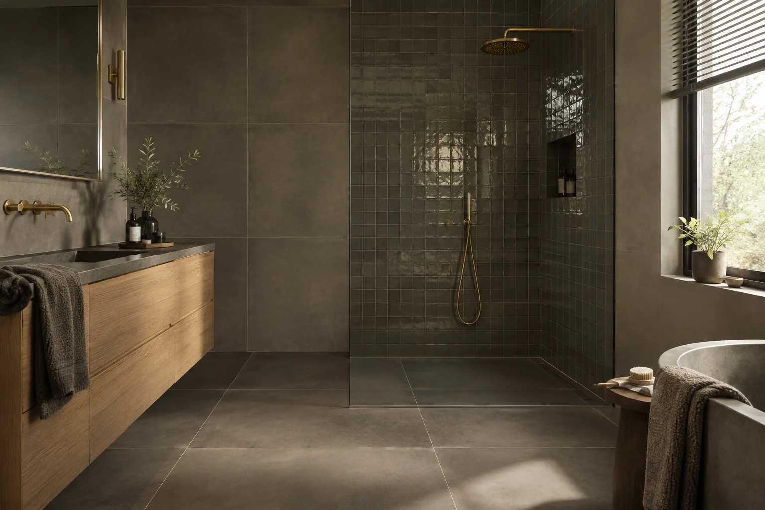 Inspiratiebeeld van een donkere badkamer met grote matte taupe tegels op vloer en wand, een douchewand met kleine glanzende donkergroene tegels en een eiken badmeubel