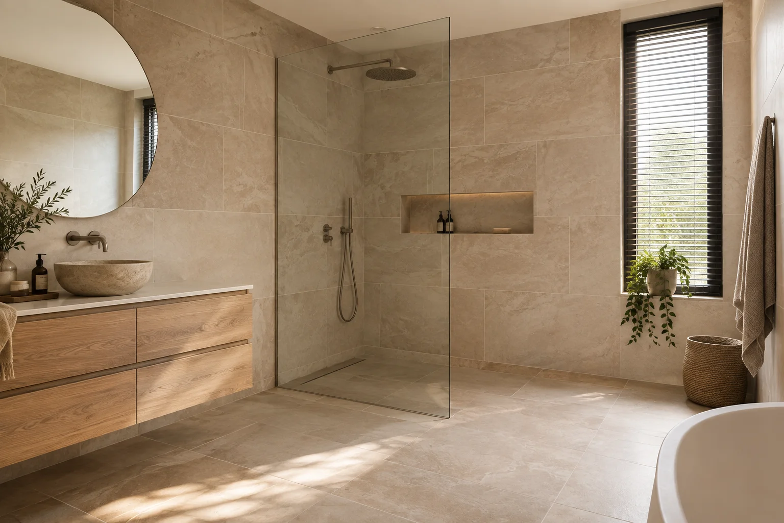 Inspiratiebeeld van een luxe badkamer met wanden van grote tegels in travertinlook en een inloopdouche