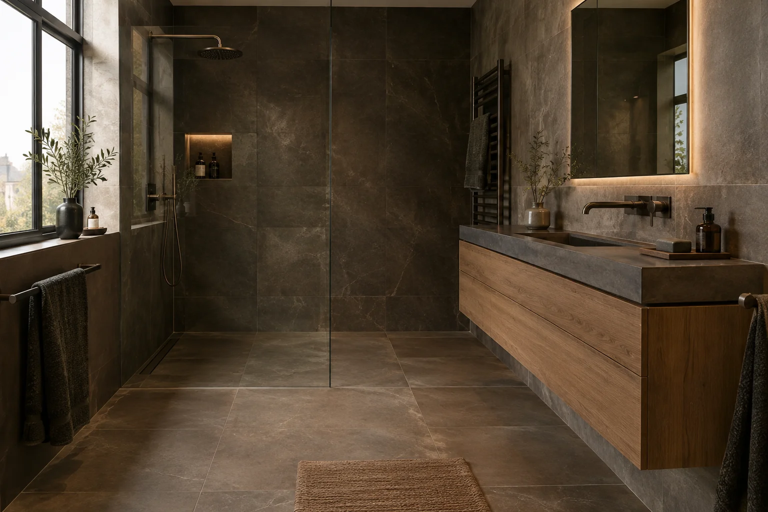 Donkere badkamer met grote antraciet tegels in natuursteenlook, een inloopdouche met glazen wand en een eiken badmeubel