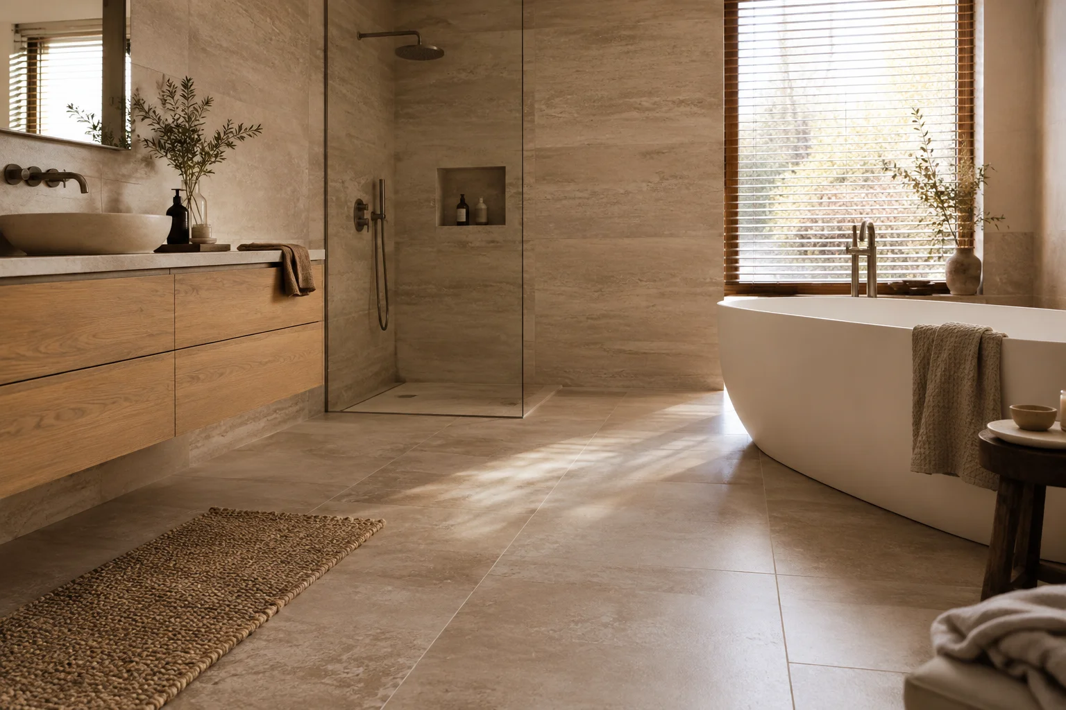 Inspiratiebeeld van een badkamer met grote vloertegels en wanden in travertinlook, een inloopdouche, een vrijstaand bad en een zwevend eiken badmeubel