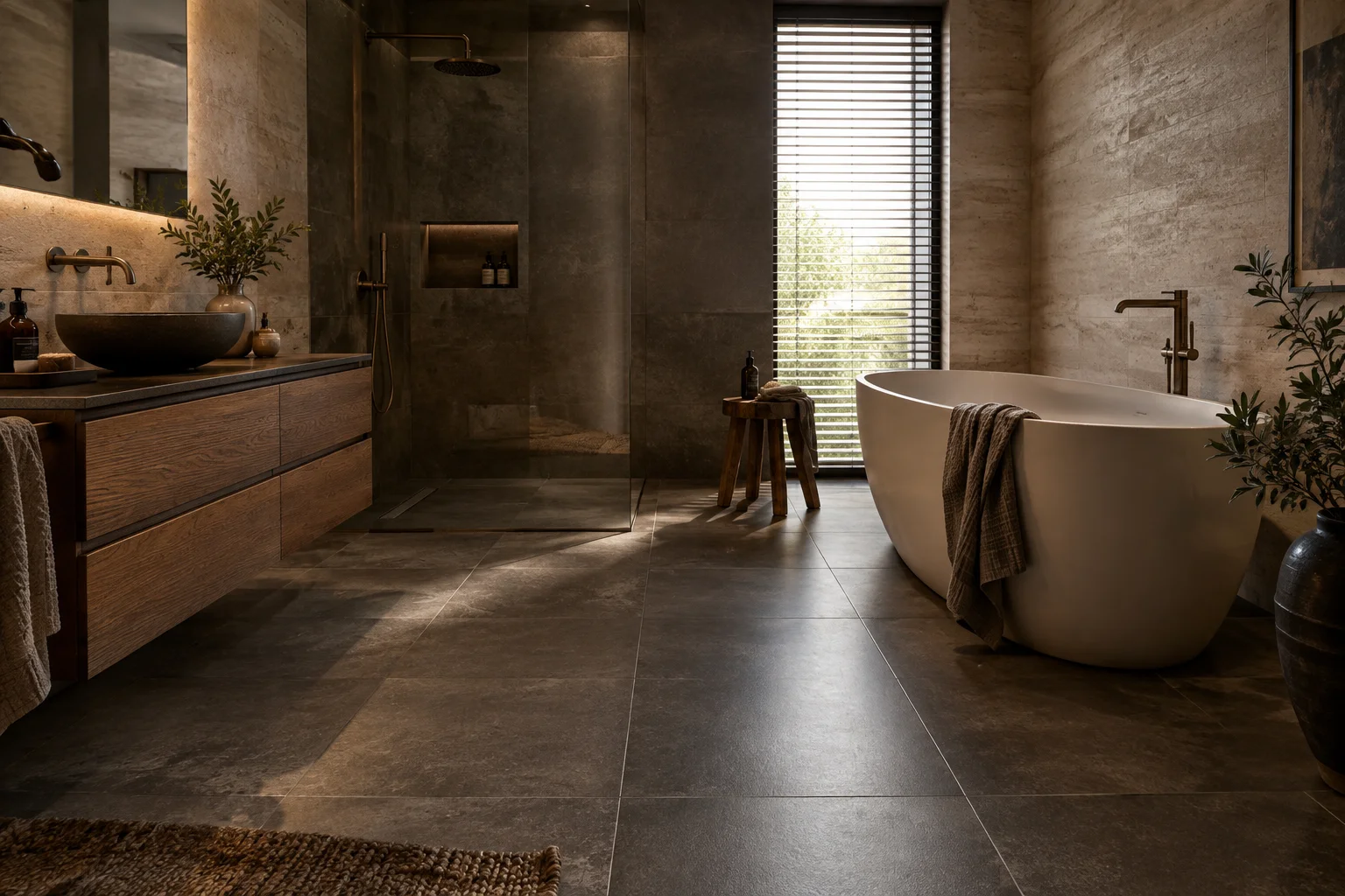 Donkere badkamer met grote vloertegels in antraciet natuursteenlook, een vrijstaand bad en een donker houten badmeubel