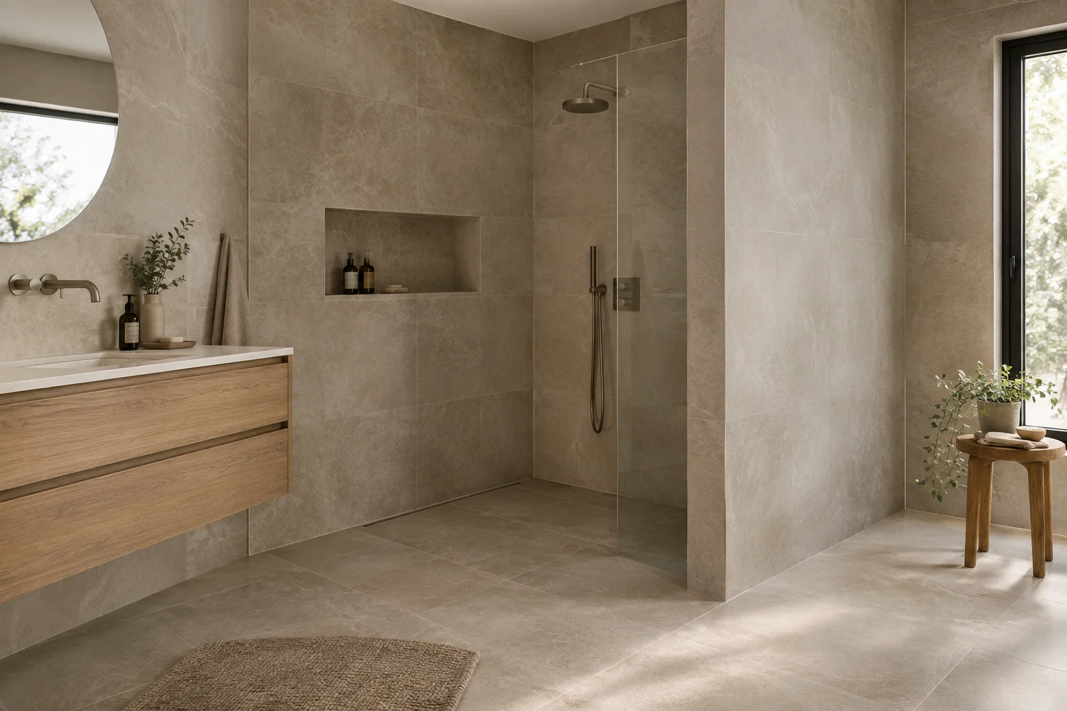 Inspiratiebeeld van een badkamer met greige tegels, een nis en een buitenhoek met hoekprofielen in dezelfde beigegrijze tint