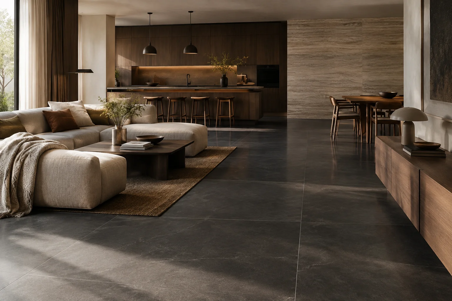 Woonkamer met een vloer van zeer grote antraciet tegels in natuursteenlook, een wand in travertinlook en een donkere houten keuken