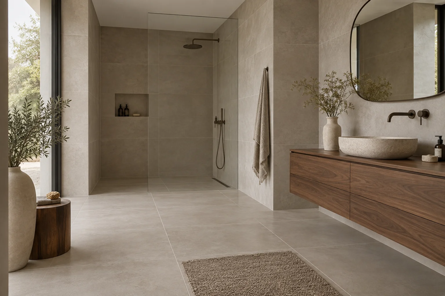 Moderne badkamer met grote greige tegels en een lichte voeg