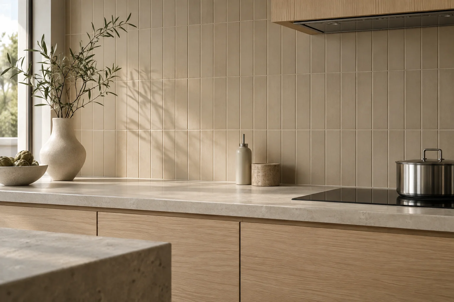 Moderne keuken met beige tegels en een rustige ton-sur-ton voeg