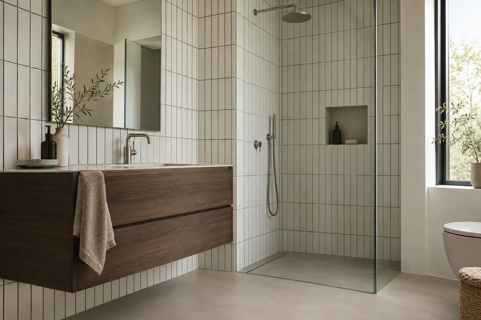 Hedendaagse badkamer met lichte tegels en een contrasterende donkere voeg