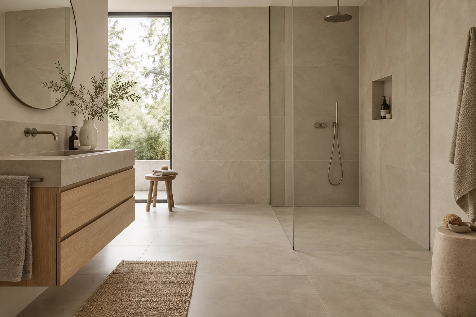 Moderne badkamer met grote beige tegels en een zachte taupe voeg