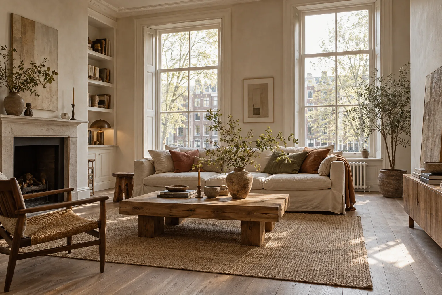 Warme lichte woonkamer met hoge ramen, een linnen bank en een houten salontafel