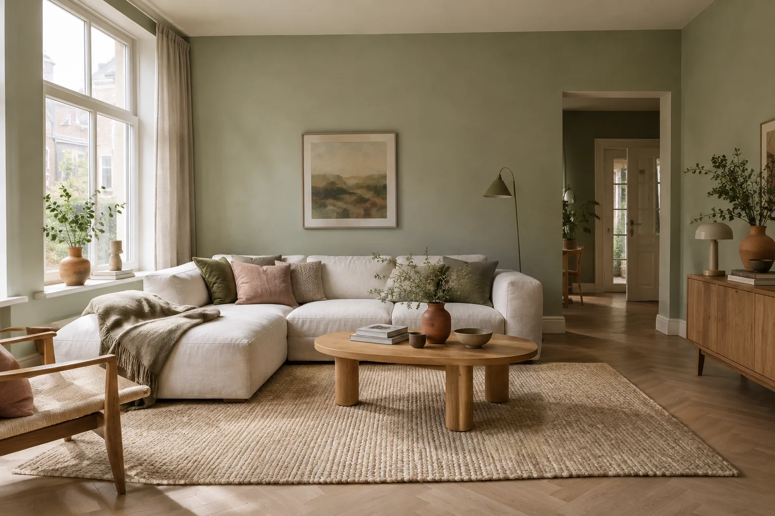 Inspiratiebeeld van een woonkamer met zacht saliegroene muren, een linnen bank, een eiken salontafel en kussens in olijfgroen en kleiroze