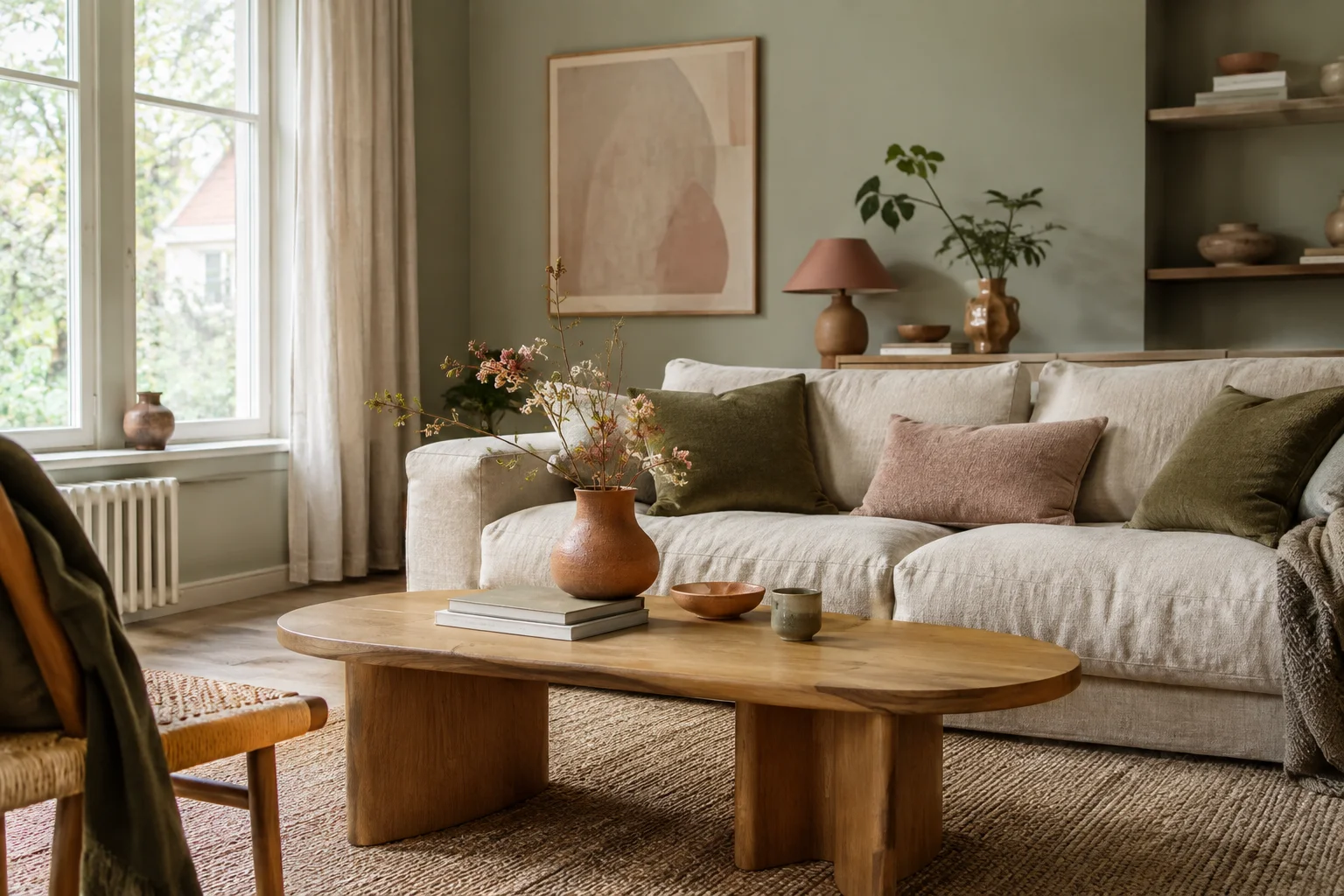 Inspiratiebeeld van een woonkamer met een saliegroene wand, een linnen bank met olijfgroene en roze kussens, een eiken salontafel en terracotta keramiek